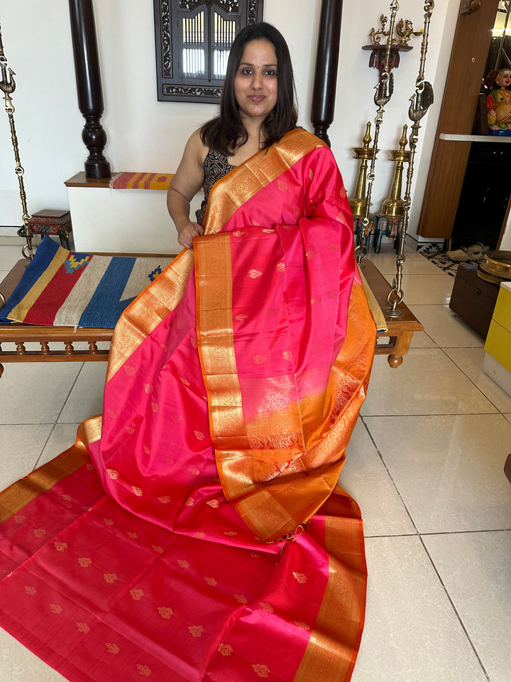 Dark Pink with Orange , Rich Zari Border and Grand Pallu with Rich Butta Pure Soft Silk Saree