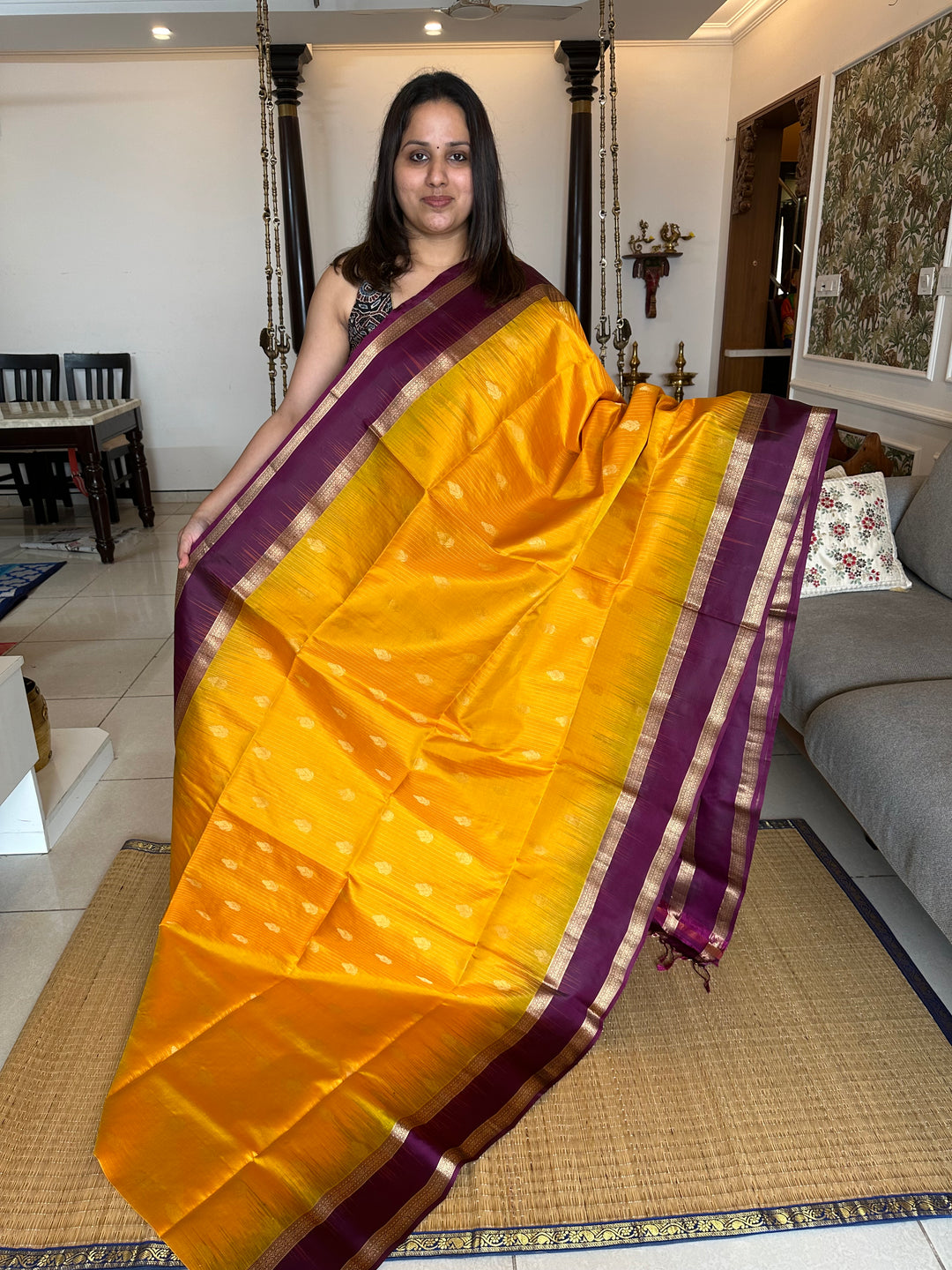 Mambazha Manjal with Purple Rettapet Border and Zari Lines and Butta in the Body Rich Pallu Pure Soft Silk Saree