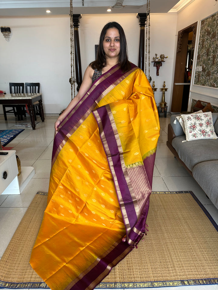 Mambazha Manjal with Purple Rettapet Border and Zari Lines and Butta in the Body Rich Pallu Pure Soft Silk Saree