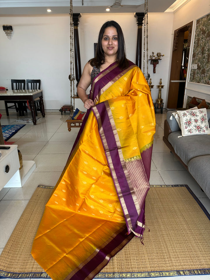 Mambazha Manjal with Purple Rettapet Border and Zari Lines and Butta in the Body Rich Pallu Pure Soft Silk Saree