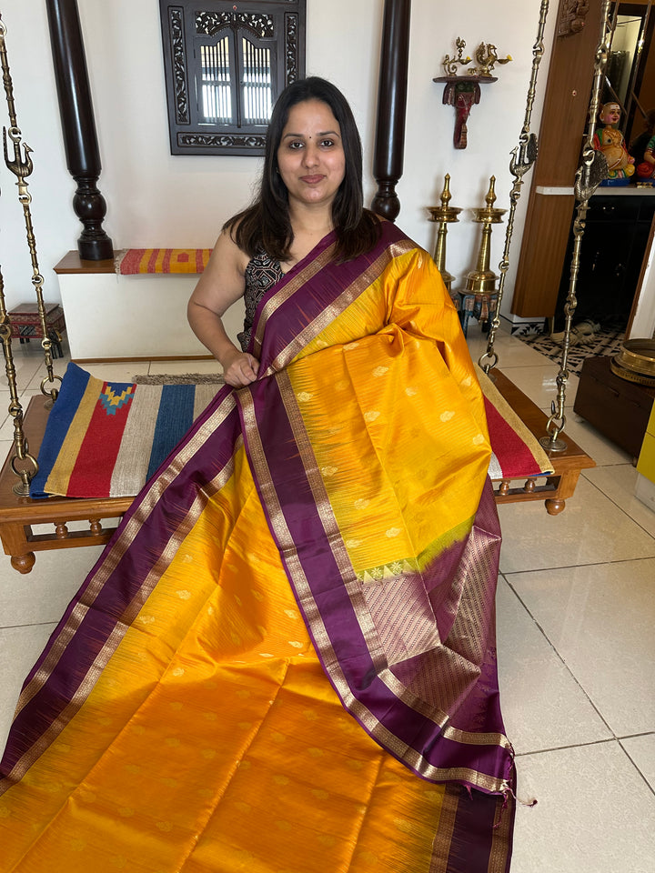 Mambazha Manjal with Purple Rettapet Border and Zari Lines and Butta in the Body Rich Pallu Pure Soft Silk Saree