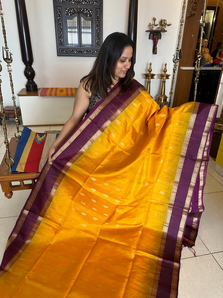 Mambazha Manjal with Purple Rettapet Border and Zari Lines and Butta in the Body Rich Pallu Pure Soft Silk Saree