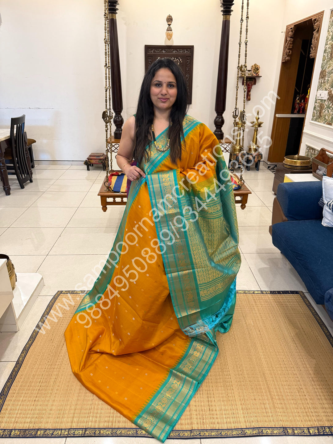 Manjal with Turquoise Blue, Rich Zari Butta in the Body, Traditional Zari Rich Borders and Grand Pallu, Pure Handloom Gadwal Silk Saree