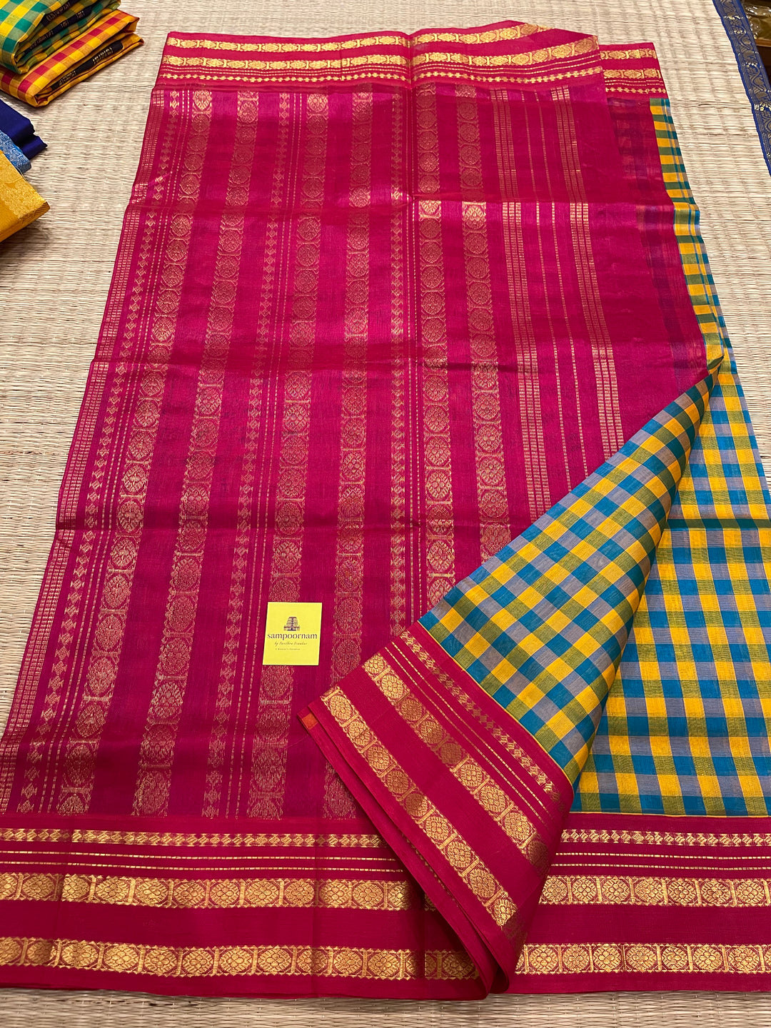 Yellow Blue Checks with Pink Rettapet Korvai Silk Cotton