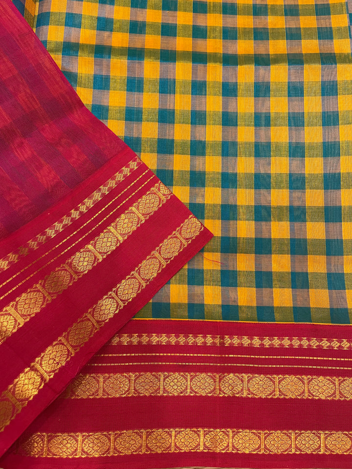 Yellow Blue Checks with Pink Rettapet Korvai Silk Cotton