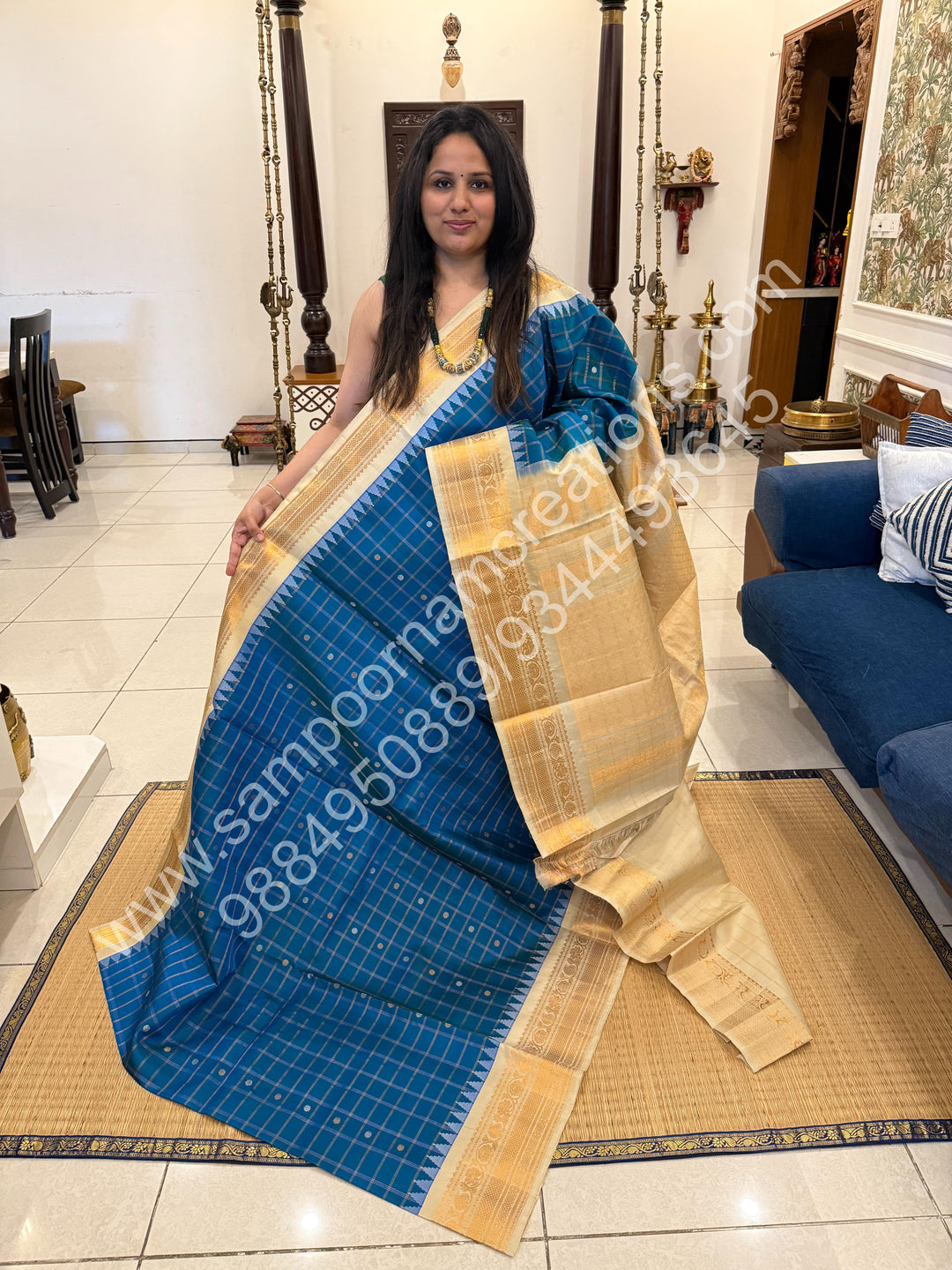 Double Shaded Blue with Offwhite , Rich Zari Checks in the Body with Silver and Gold Zari Butta in the Body, Traditional Rich Borders and Grand Pallu, Pure Handloom Gadwal Silk Saree