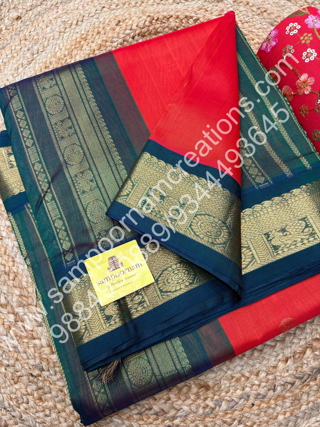 Rust Orange with Green  , Body Zari butta ,  Traditional borders and rich Pallu Korvai 10 Yards Silk Cotton Saree
