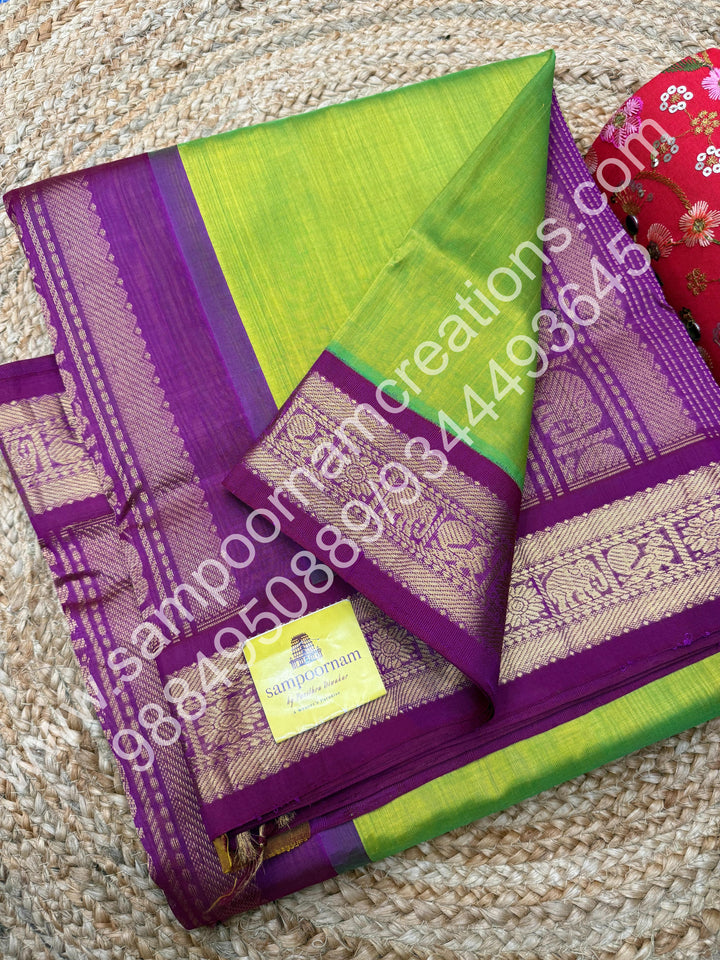 Parrot Green with Magenta , Traditional borders and rich Pallu Korvai 10 Yards Silk Cotton Saree