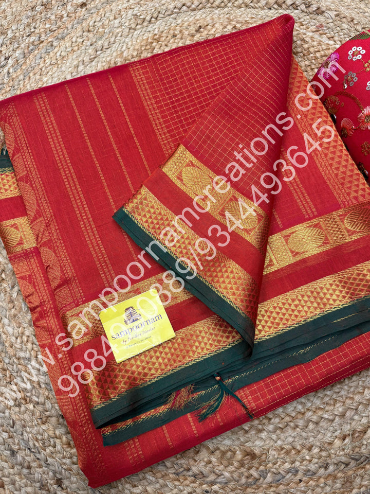 Rust Orange with Green Selvedge , body Zari checks , Traditional borders and rich Pallu Korvai 10 Yards Silk Cotton Saree
