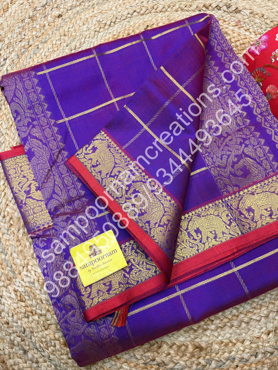 Vadamalli with Red Selvedge , rich zari checks in the body , Traditional borders and rich Pallu Korvai 10 Yards Silk Cotton Saree