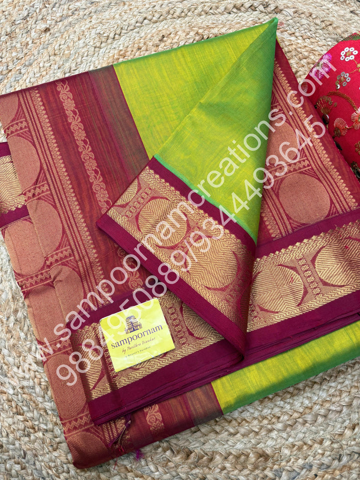 Parrot Green with Dark Red , Traditional borders and rich Pallu Korvai 10 Yards Silk Cotton Saree