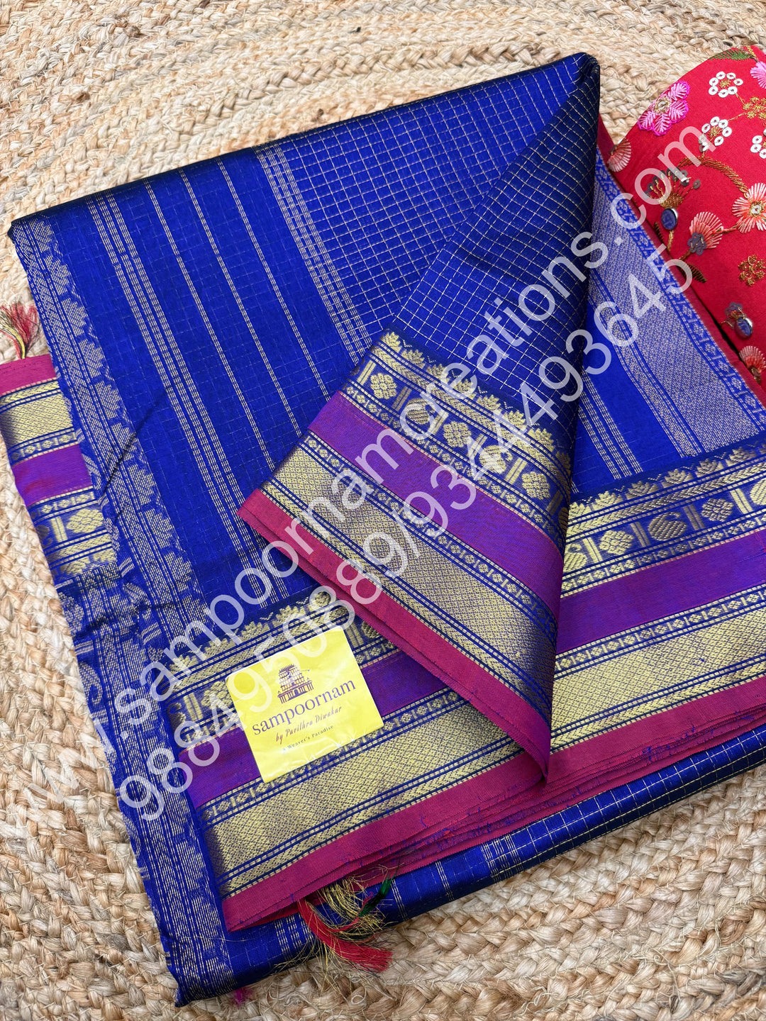 Royal Blue with Red Selvedge , body Zari checks , Traditional borders and rich Pallu Korvai 10 Yards Silk Cotton Saree