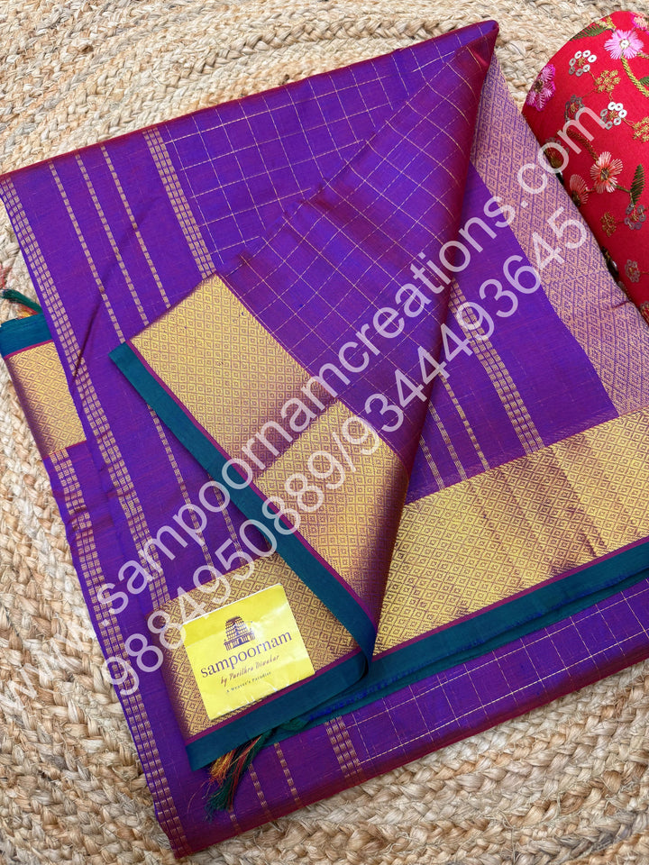 Purple with rich zari checks in the body, traditional borders and rich pallu, 10 yards silk cotton saree