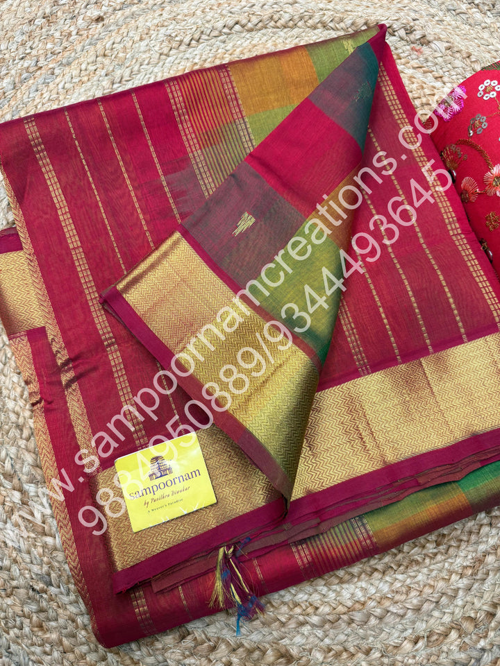 Pallam Pazham checks , Green and Red with traditional borders and rich pallu, 10 yards silk cotton saree