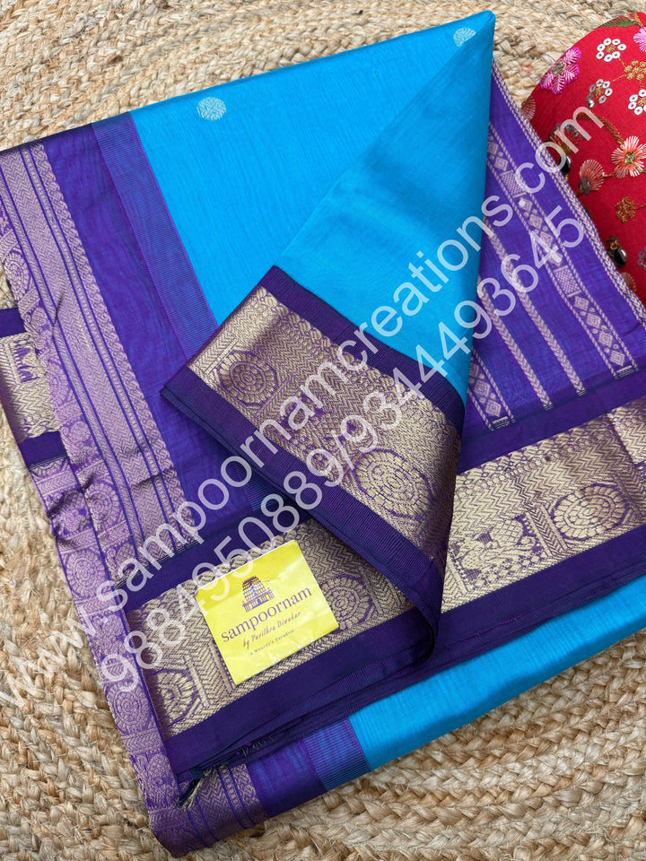 Ramar Blue with Purple , Body Zari butta ,  Traditional borders and rich Pallu Korvai 10 Yards Silk Cotton Saree