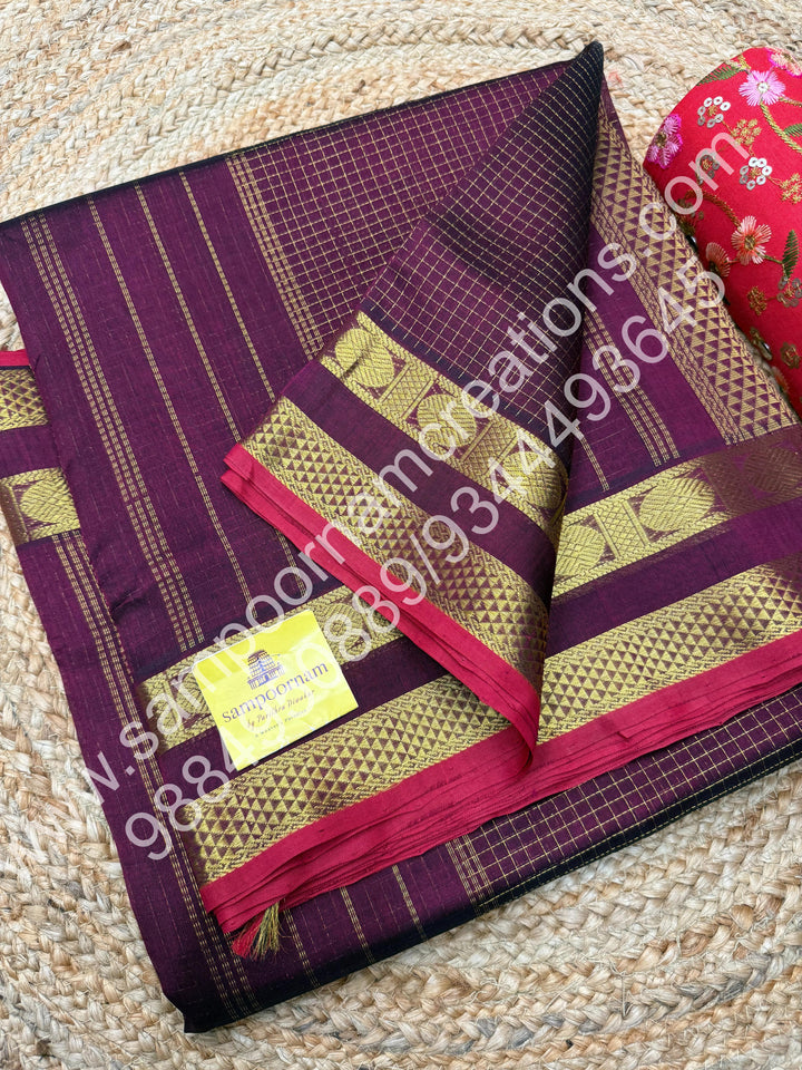 Dark Arakku with Red Selvedge , body Zari checks , Traditional borders and rich Pallu Korvai 10 Yards Silk Cotton Saree