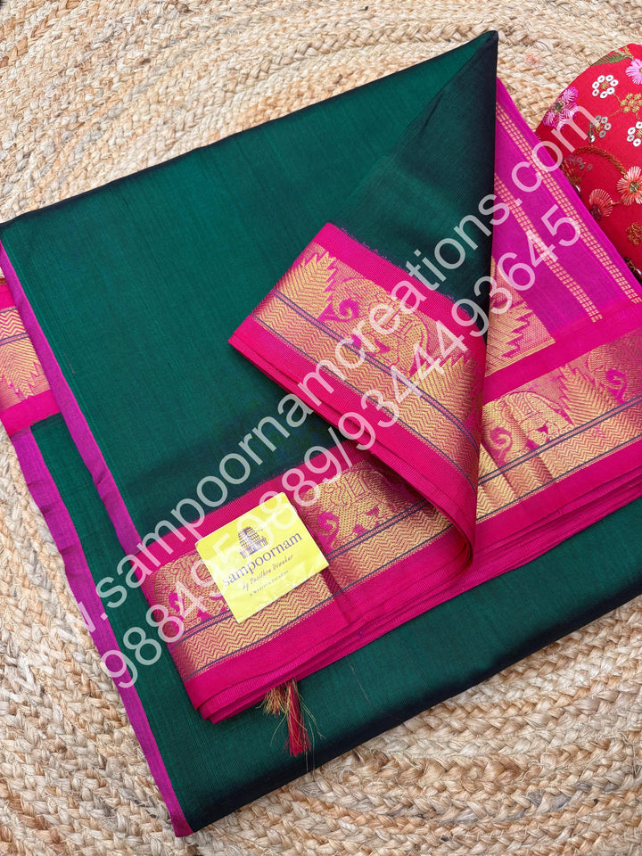 Bottle Green with Pink , Traditional borders and rich Pallu Korvai 10 Yards Silk Cotton Saree