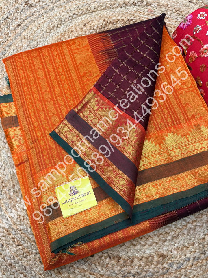 Arakku with Orange , Body Zari checks  , Traditional borders and rich Pallu Korvai 10 Yards Silk Cotton Saree
