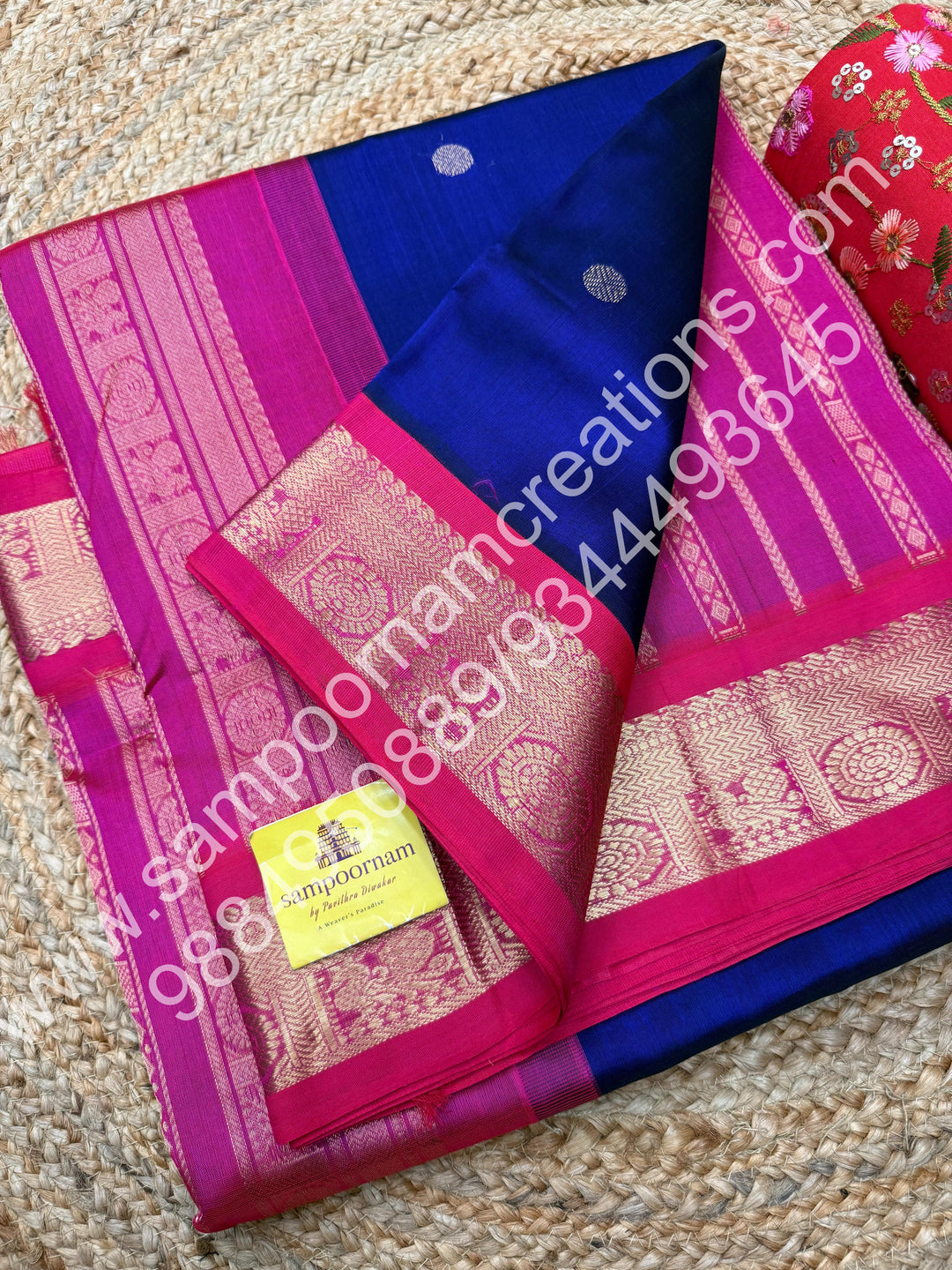 Dark Blue with Pink , Body Zari butta ,  Traditional borders and rich Pallu Korvai 10 Yards Silk Cotton Saree