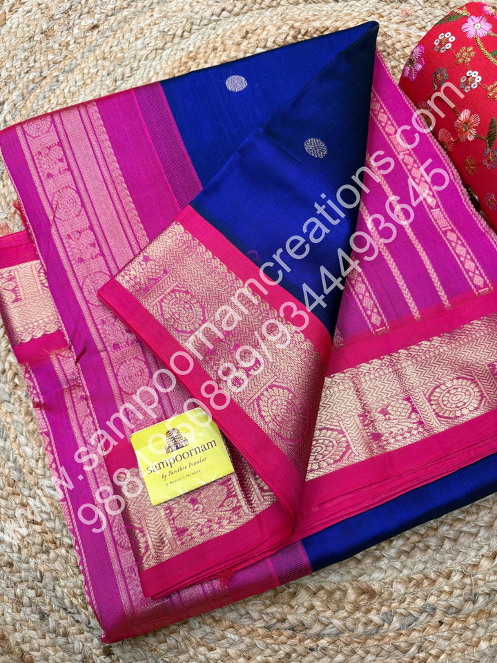 Dark Blue with Pink , Body Zari butta ,  Traditional borders and rich Pallu Korvai 10 Yards Silk Cotton Saree