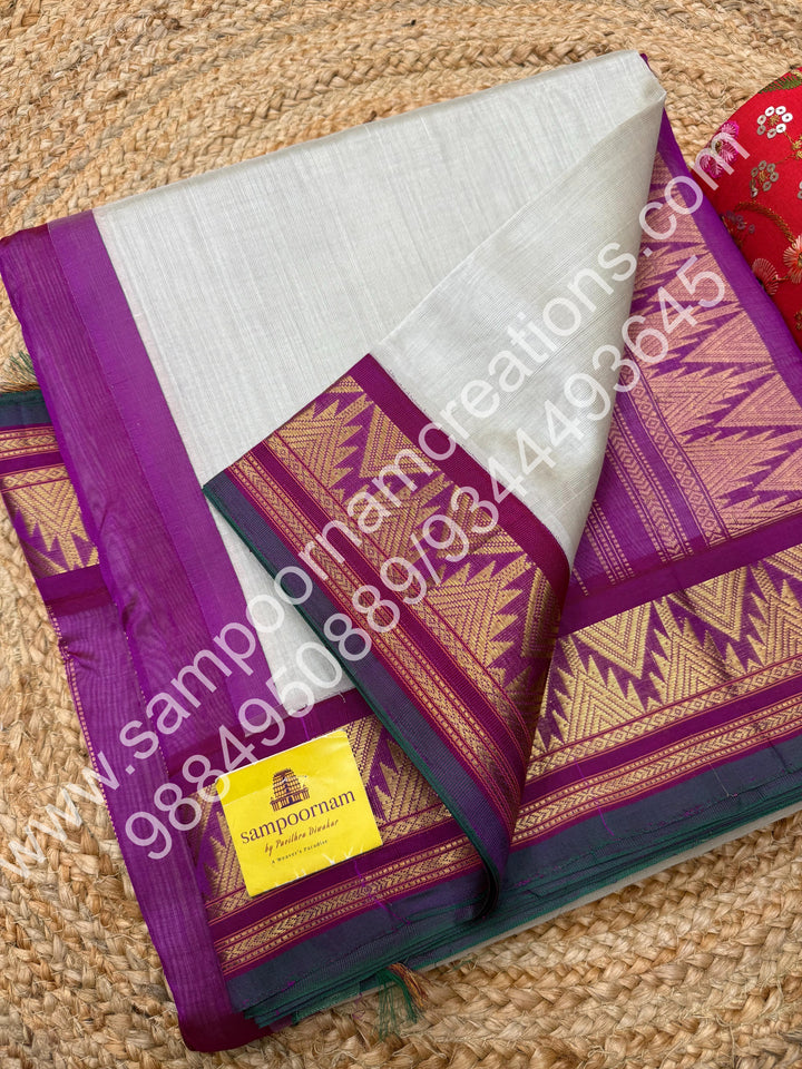 Pearl White with Magenta , Traditional borders and rich Pallu Korvai 10 Yards Silk Cotton Saree