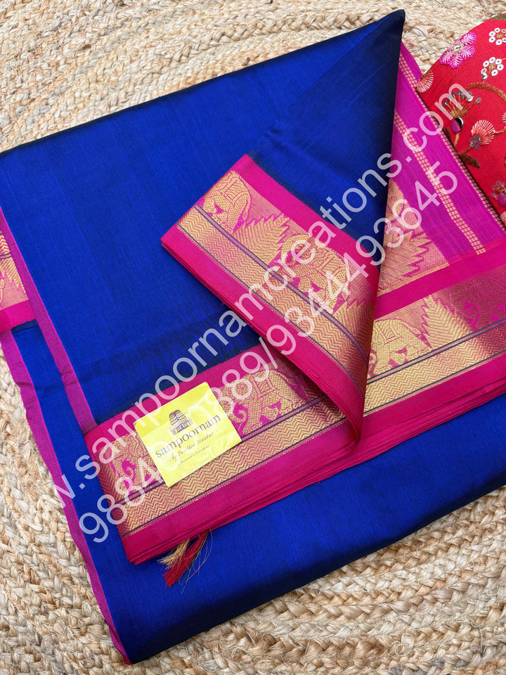 Blue with Dark Pink  , Traditional borders and rich Pallu Korvai 10 Yards Silk Cotton Saree