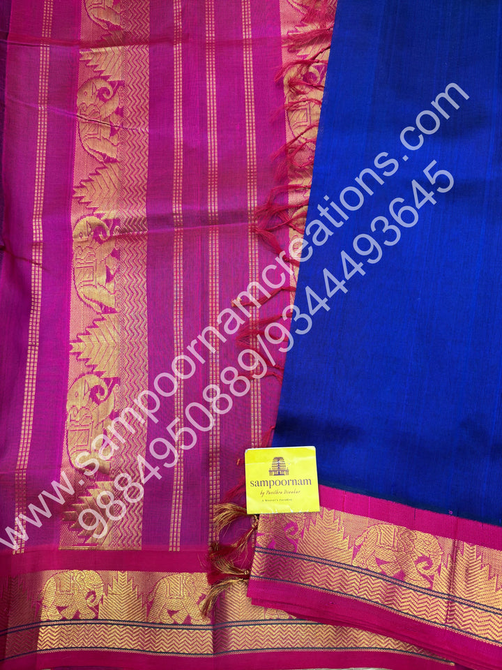 Blue with Dark Pink  , Traditional borders and rich Pallu Korvai 10 Yards Silk Cotton Saree