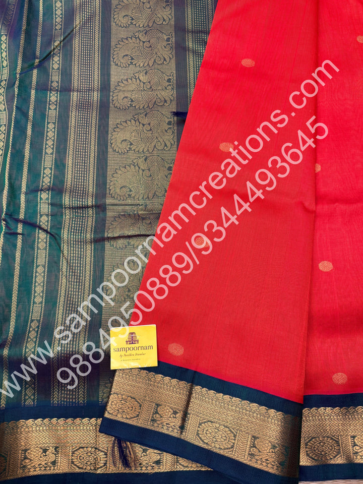 Rust Orange with Green  , Body Zari butta ,  Traditional borders and rich Pallu Korvai 10 Yards Silk Cotton Saree