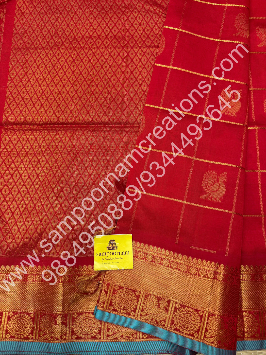 Red with Blue Selvedge , rich zari checks in the body , with mayil and chakram butta , 10 yards silk cotton saree