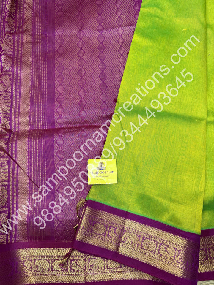 Parrot Green with Magenta , Traditional borders and rich Pallu Korvai 10 Yards Silk Cotton Saree