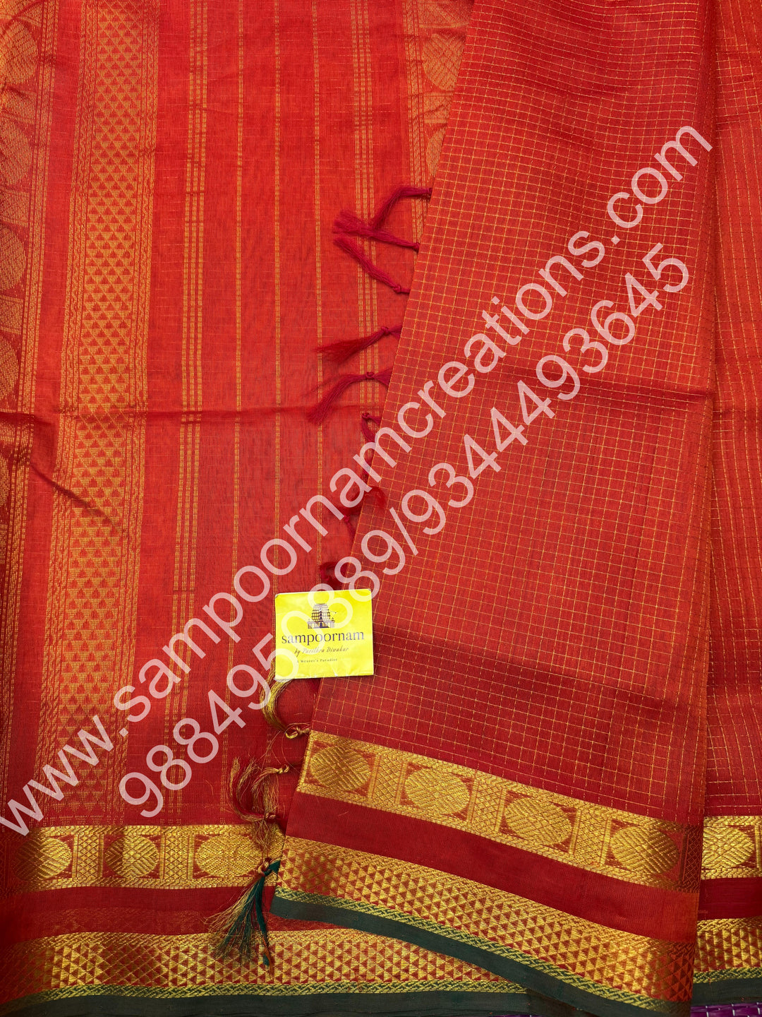 Rust Orange with Green Selvedge , body Zari checks , Traditional borders and rich Pallu Korvai 10 Yards Silk Cotton Saree