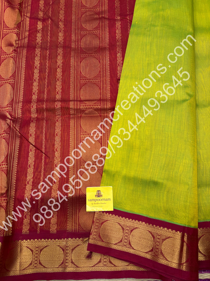 Parrot Green with Dark Red , Traditional borders and rich Pallu Korvai 10 Yards Silk Cotton Saree