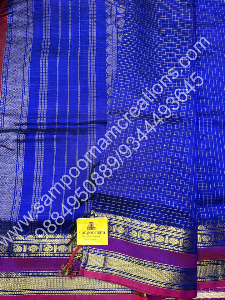Royal Blue with Red Selvedge , body Zari checks , Traditional borders and rich Pallu Korvai 10 Yards Silk Cotton Saree