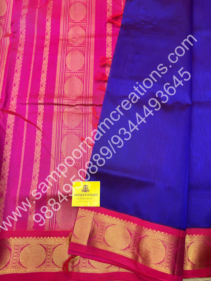 Blue with Dark Pink , Traditional borders and rich Pallu Korvai 10 Yards Silk Cotton Saree