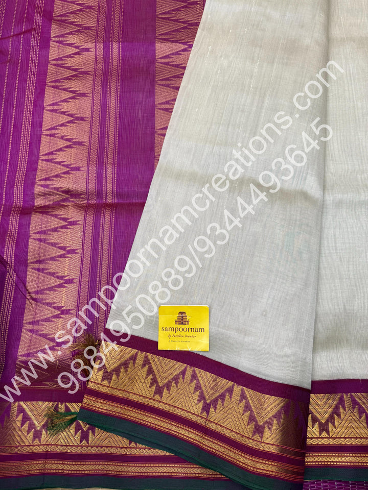 Pearl White with Magenta , Traditional borders and rich Pallu Korvai 10 Yards Silk Cotton Saree