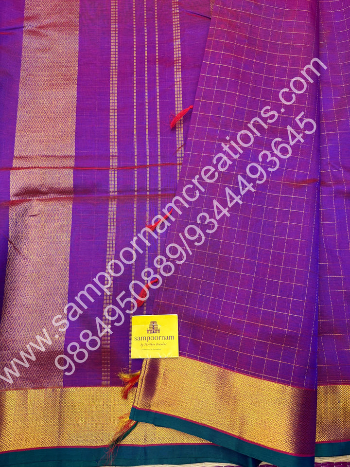Purple with rich zari checks in the body, traditional borders and rich pallu, 10 yards silk cotton saree