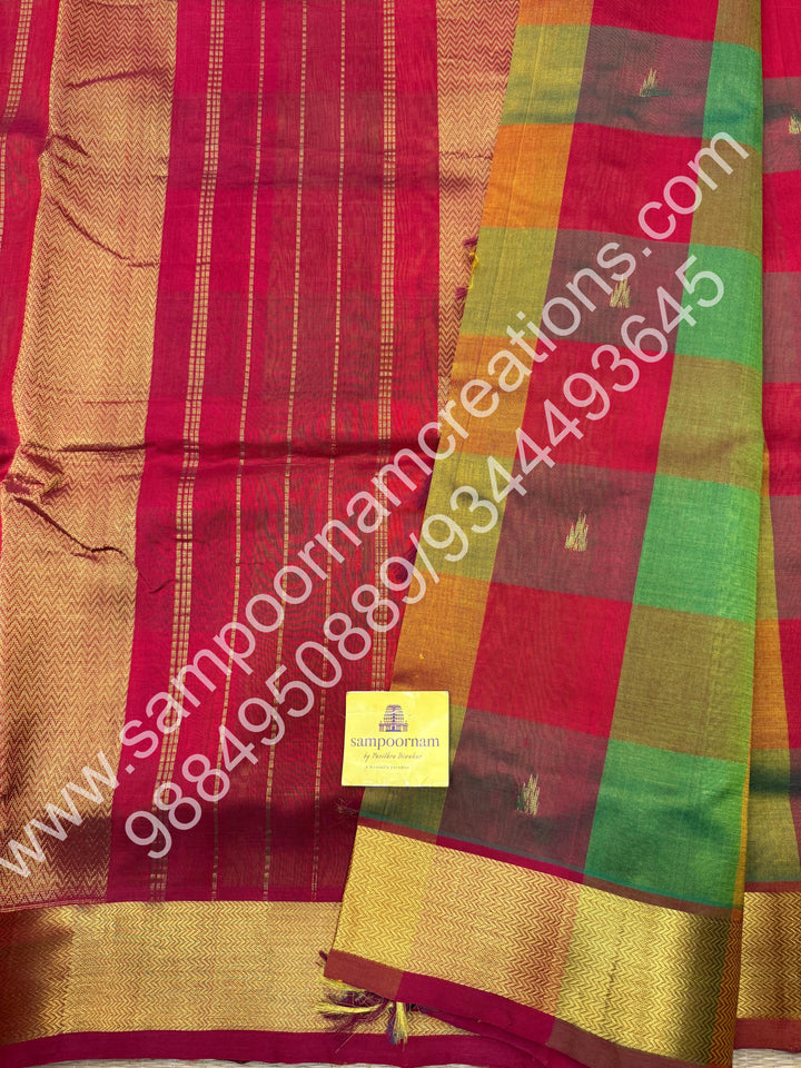 Pallam Pazham checks , Green and Red with traditional borders and rich pallu, 10 yards silk cotton saree