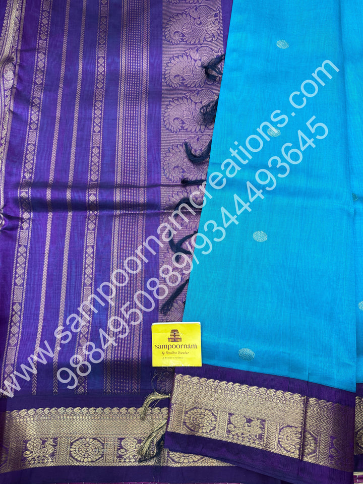 Ramar Blue with Purple , Body Zari butta ,  Traditional borders and rich Pallu Korvai 10 Yards Silk Cotton Saree