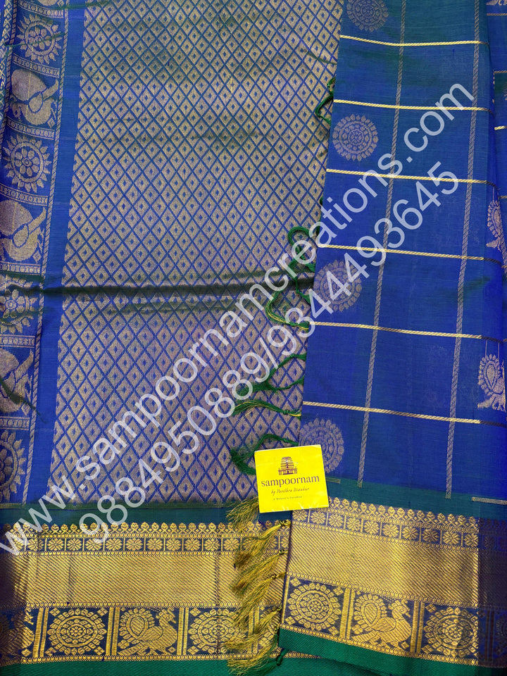Double Shaded Mayil Kazhuthu Blue with Green  Selvedge , rich zari checks in the body , with mayil and chakram butta , Ten yards silk cotton saree