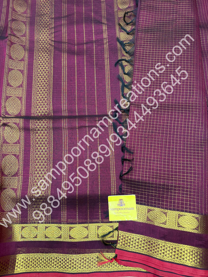 Dark Arakku with Red Selvedge , body Zari checks , Traditional borders and rich Pallu Korvai 10 Yards Silk Cotton Saree