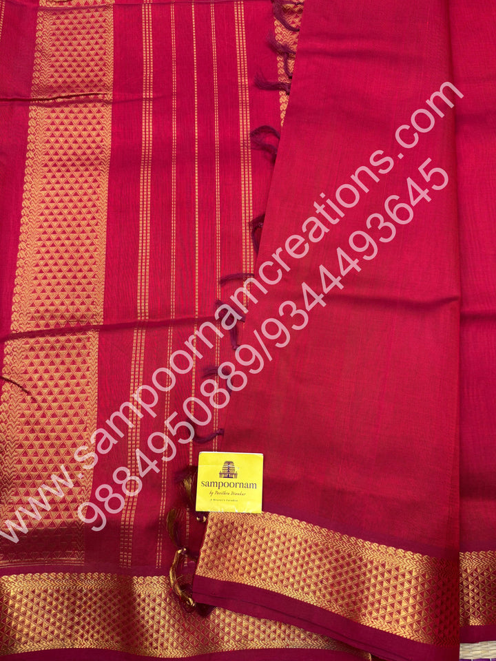 Kunkumam Red , Traditional borders and rich Pallu Korvai 10 Yards Silk Cotton Saree
