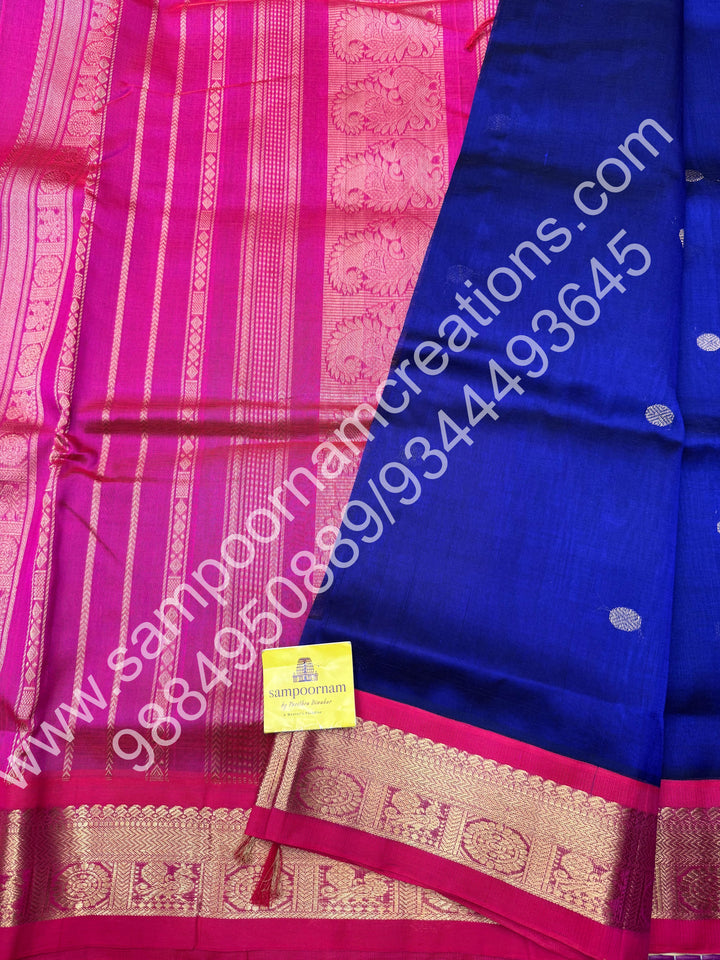Dark Blue with Pink , Body Zari butta ,  Traditional borders and rich Pallu Korvai 10 Yards Silk Cotton Saree