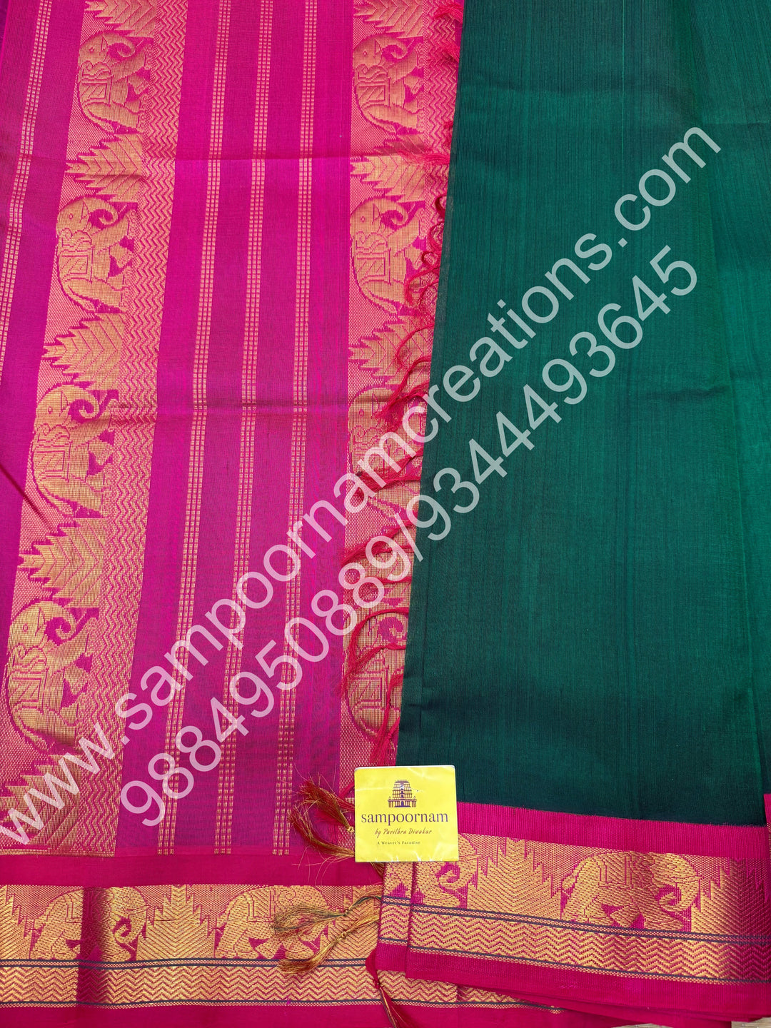 Bottle Green with Pink , Traditional borders and rich Pallu Korvai 10 Yards Silk Cotton Saree