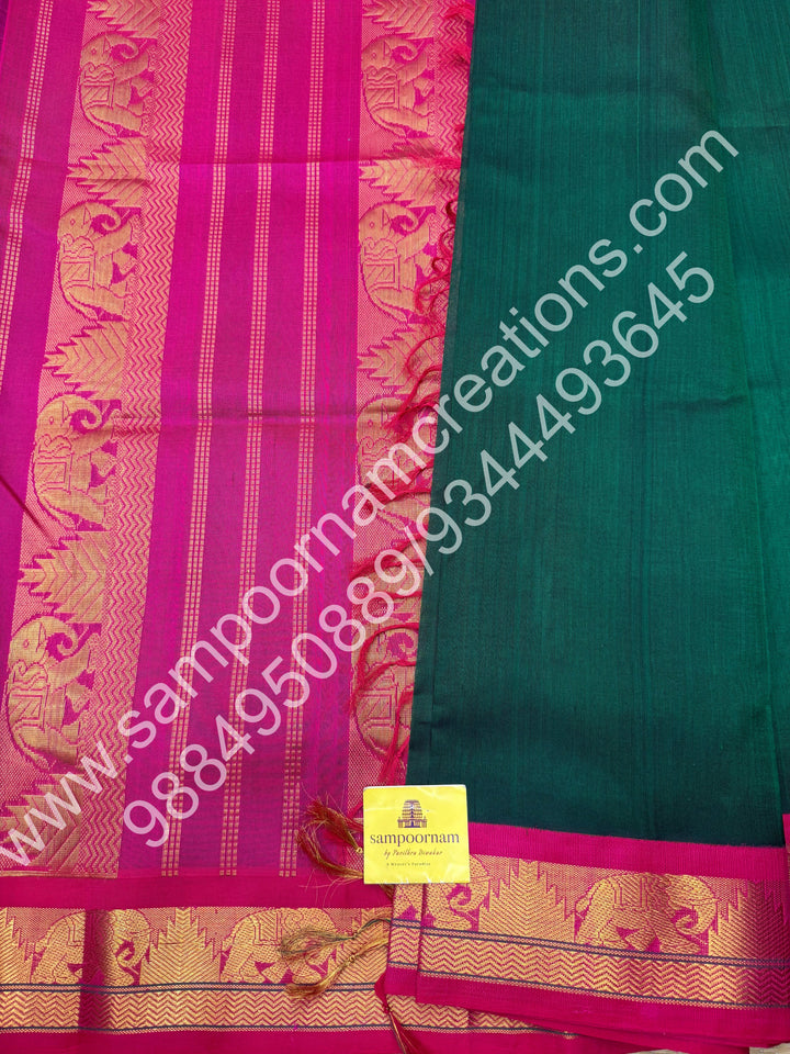 Bottle Green with Pink , Traditional borders and rich Pallu Korvai 10 Yards Silk Cotton Saree