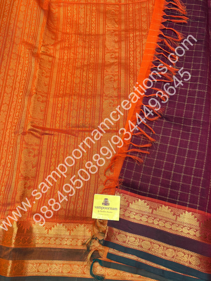 Arakku with Orange , Body Zari checks  , Traditional borders and rich Pallu Korvai 10 Yards Silk Cotton Saree