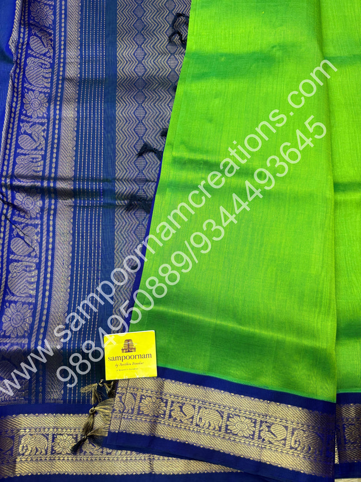 Parrot Green with Blue , Traditional borders and rich Pallu Korvai 10 Yards Silk Cotton Saree