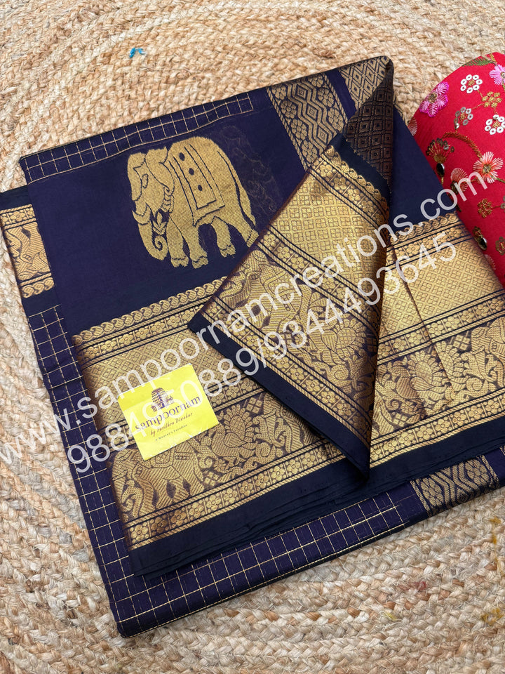 Dark Wine  Elegant Elephant zari buttu in the borders , zari checks in the body and rich Pallu Silk Cotton Saree