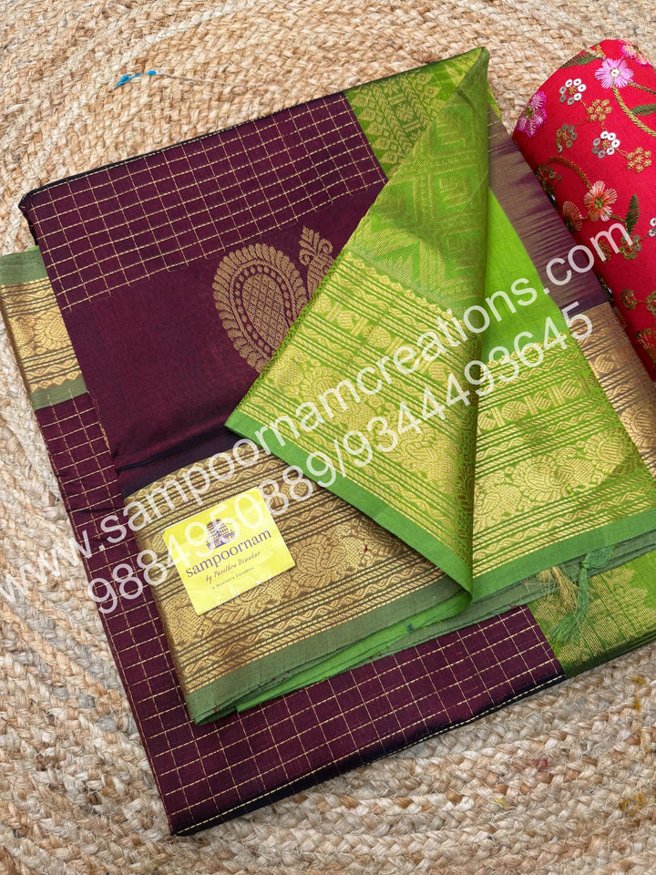 Brown with Green , Annam Motif zari buttu in the borders , zari checks in the body and rich Pallu Silk Cotton Saree