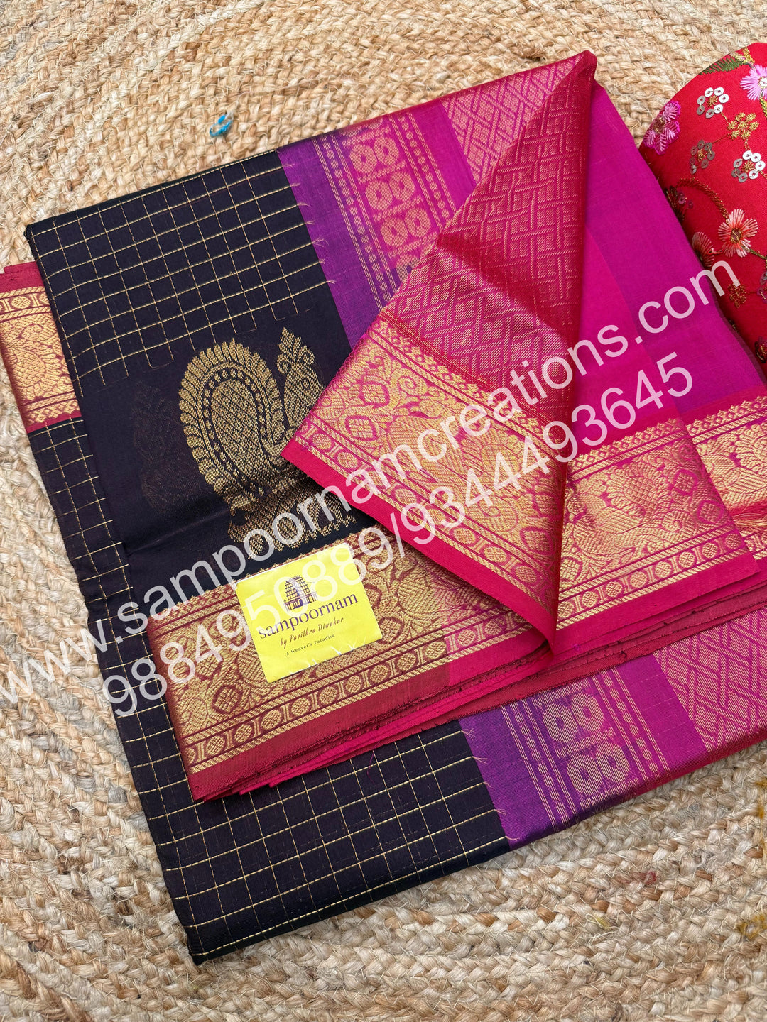 Coffee Brown with Magenta  Annam Motif zari buttu in the borders , zari checks in the body and rich Pallu Silk Cotton Saree