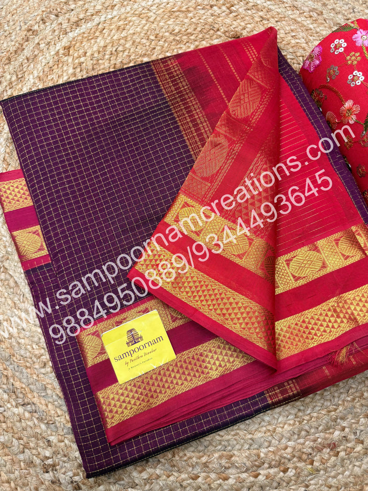 Wine with Red , rich Zari checks in the body and border ,rettapet borders  rich Pallu Silk Cotton Saree
